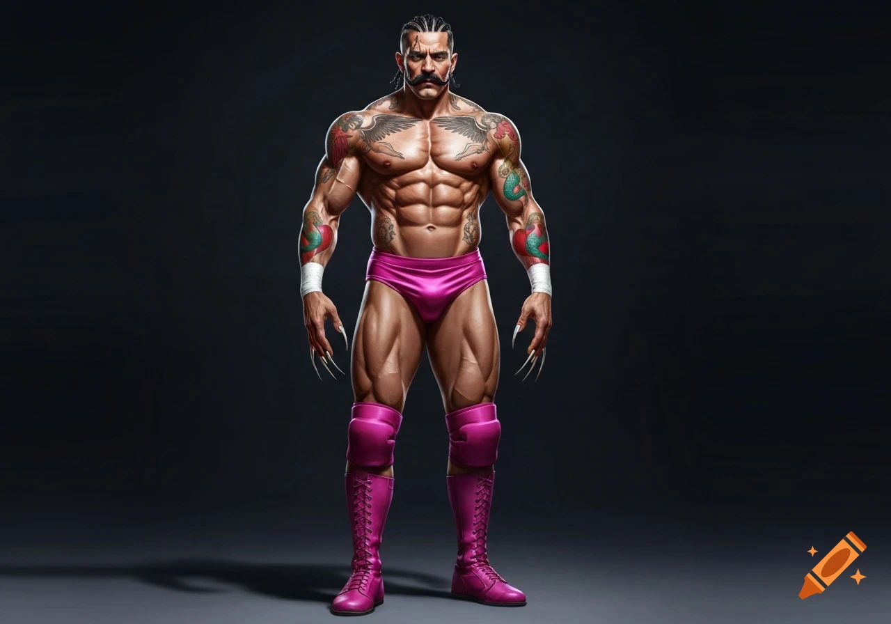 A muscular man with a mustache, braided hair, and tattoos wears pink wrestling trunks, knee pads, and boots. He has long, sharp fingernails and stands with authority against a dark background.