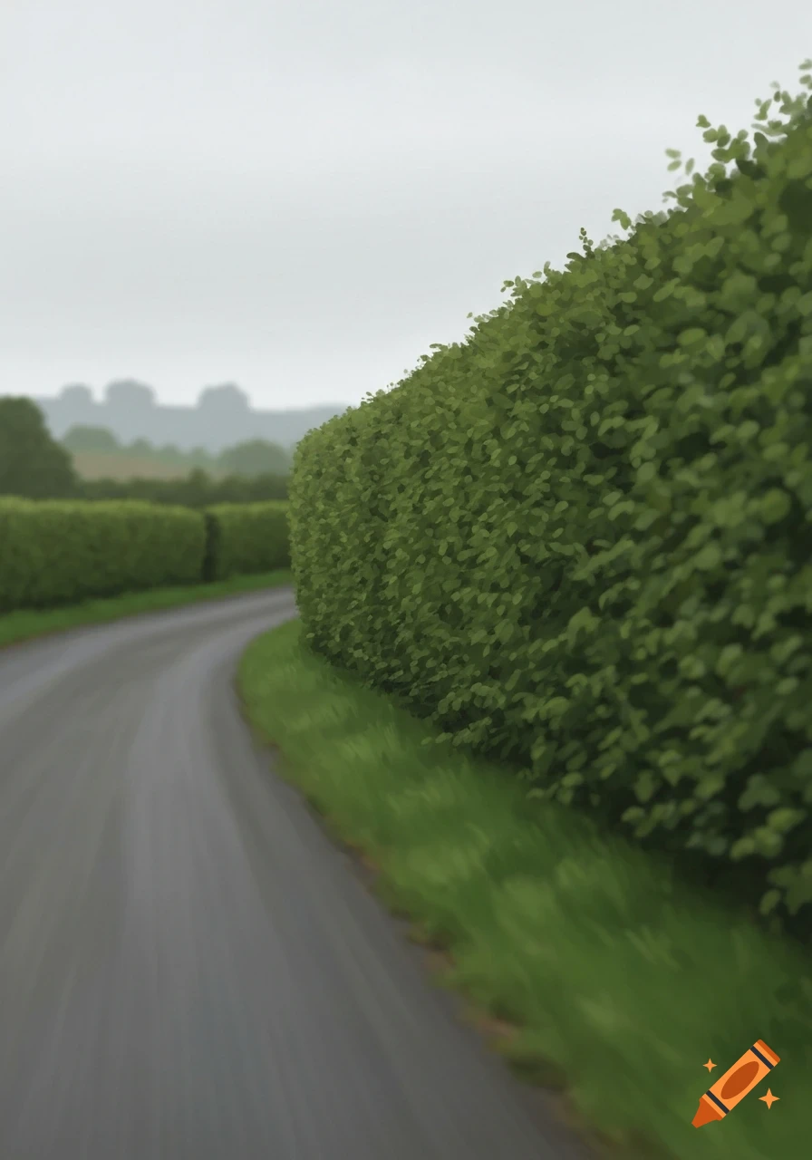 A blurry, curving asphalt road bordered by a tall green hedge under a grey sky, with a painterly style.
