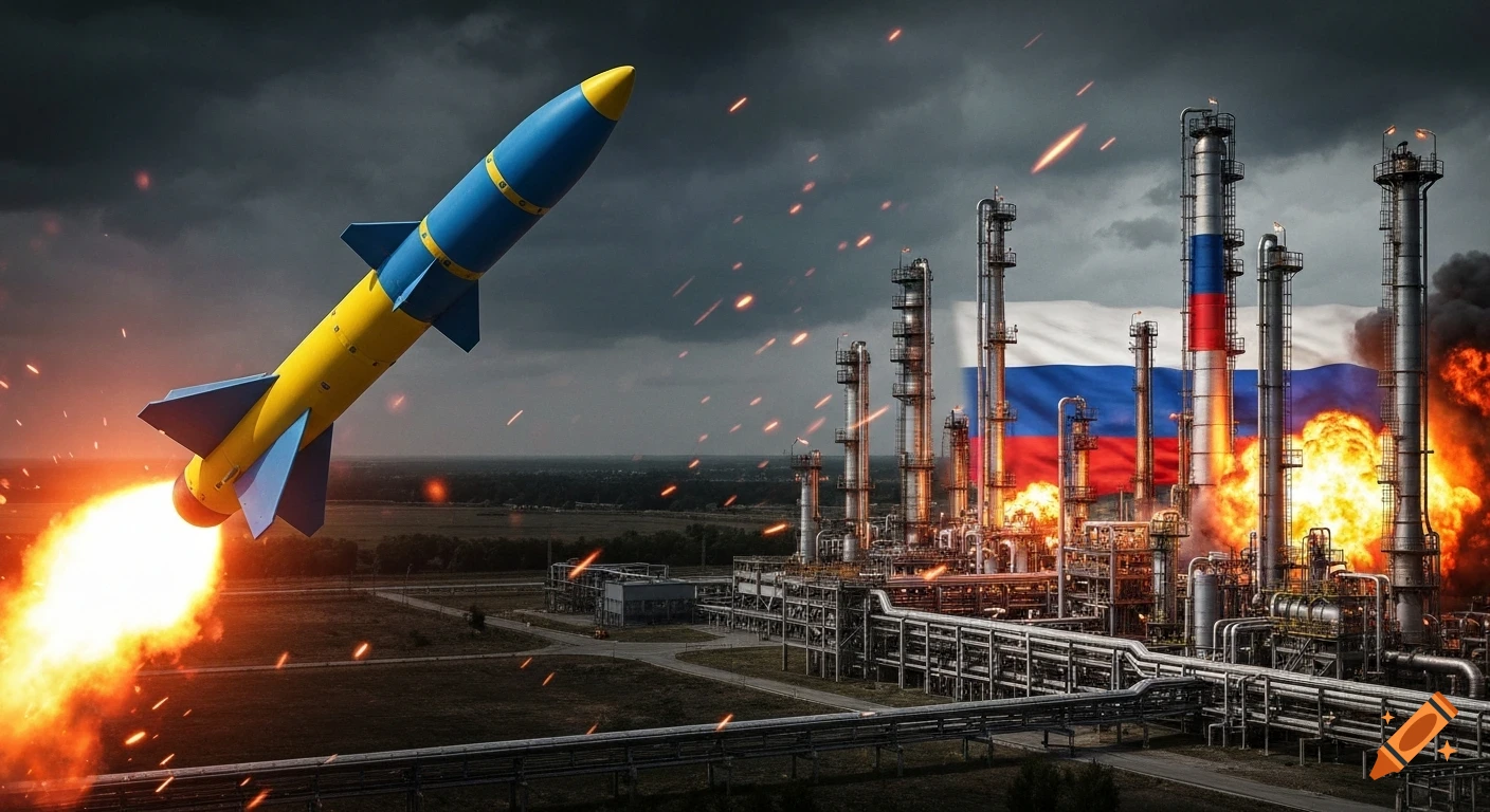 Ukrainian-colored missile flying towards a Russian oil refinery engulfed in fire and explosions under a dramatic, dark sky.