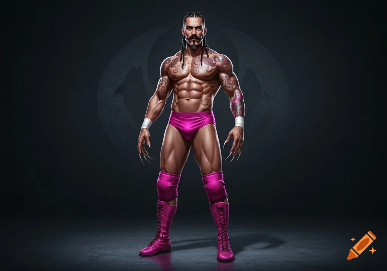 Muscular, tattooed man with a mustache and braids, wearing pink wrestling trunks and boots, with long claws, stands against a dark background.