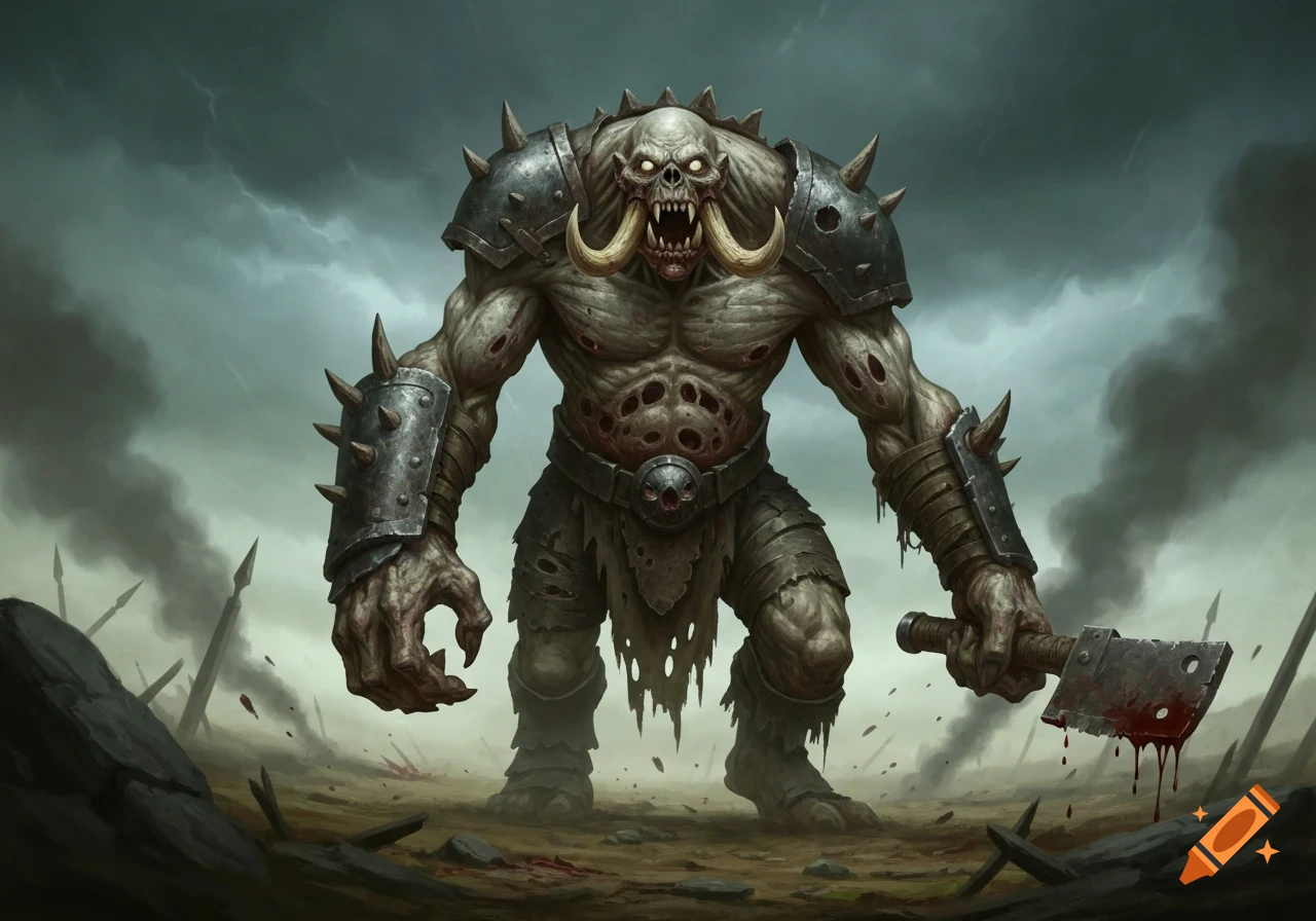 A grotesque Warhammer zombie ogre with tusks and spiked armor stands on a desolate, blood-splattered battlefield, holding a bloody cleaver.