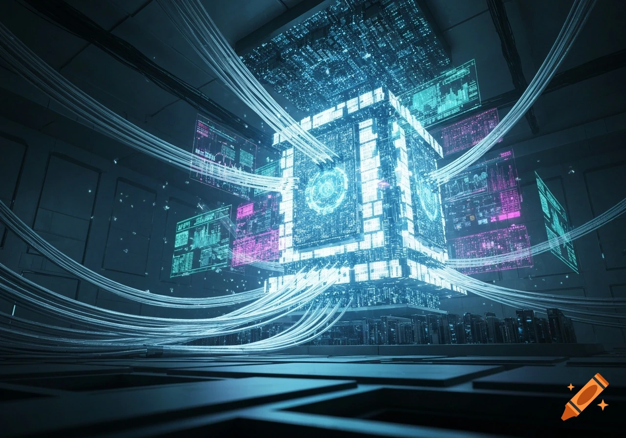 A glowing, futuristic supercomputer with complex data displays and numerous cables in a dark, high-tech chamber.