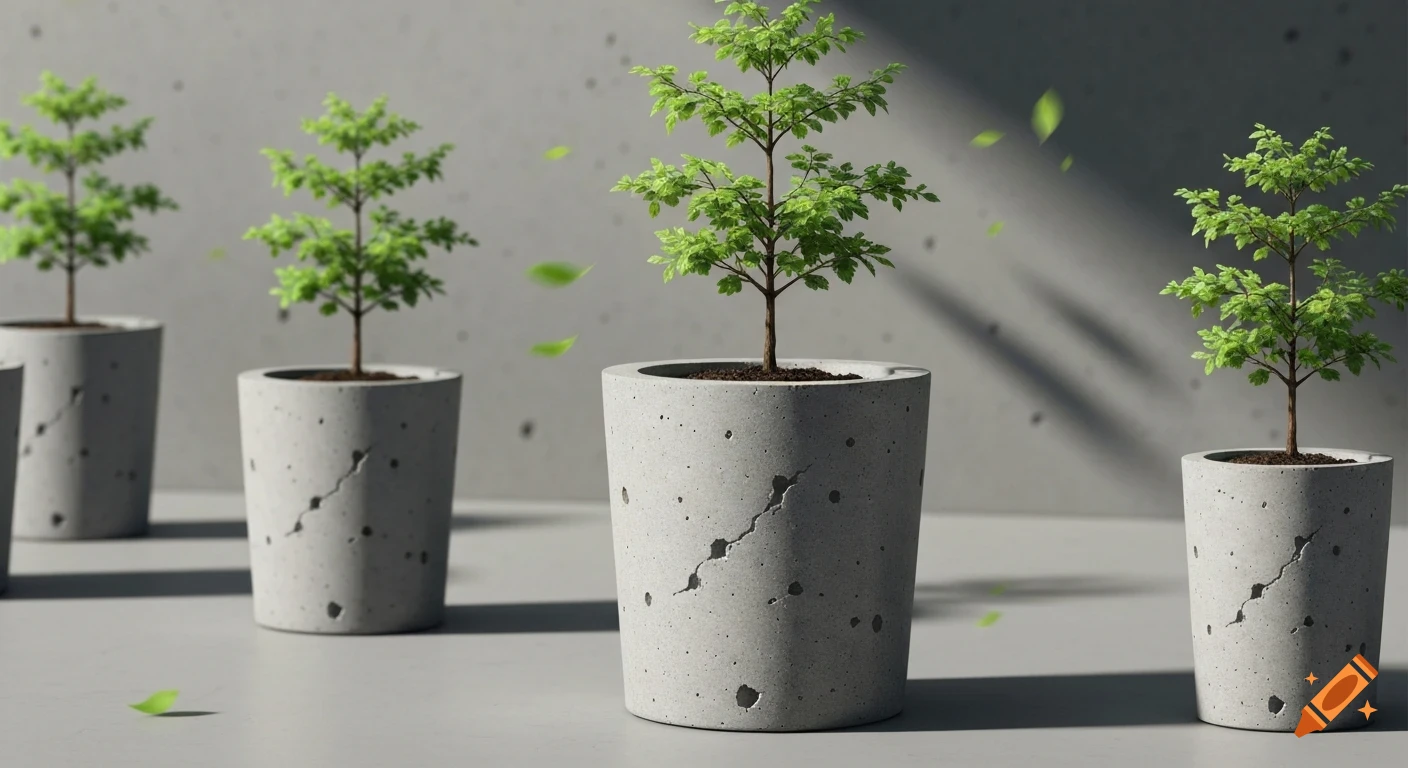 Four small green trees in distressed concrete planters against a concrete wall, with leaves gently falling.