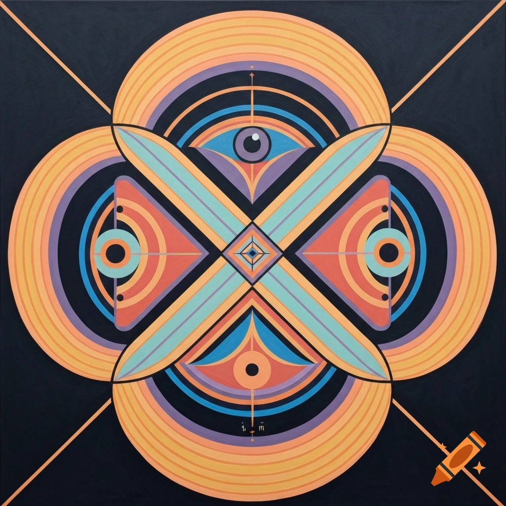 Symmetrical geometric abstract painting with an eye motif, featuring orange, purple, teal, and blue on a dark background.