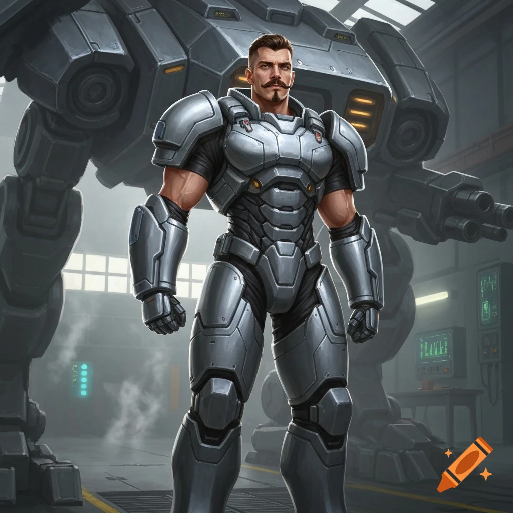 Muscular male mech pilot with a mustache and goatee in gray sci-fi armor stands in a hangar with a large mech behind him, digital art.