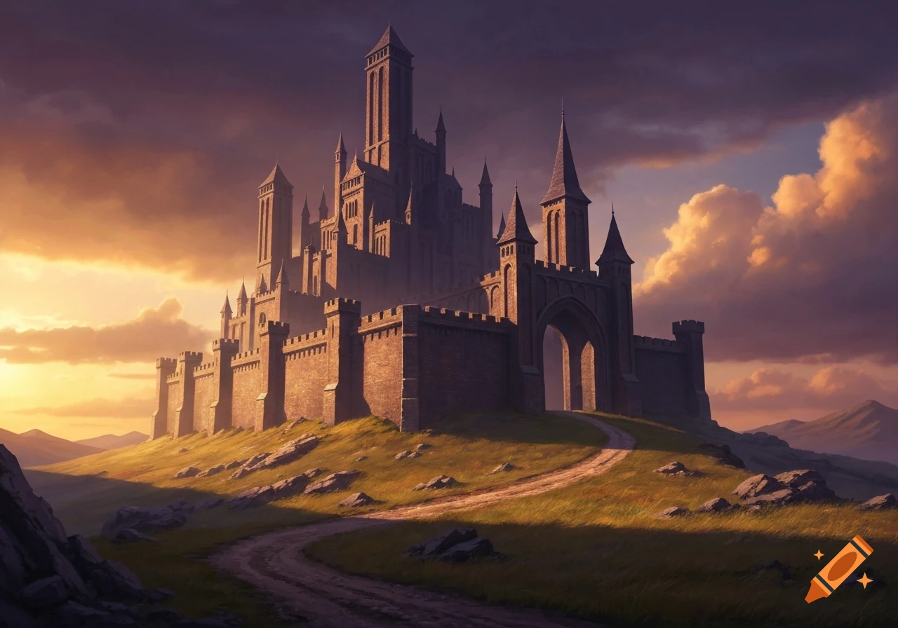 A grand medieval fantasy fortress on a grassy hill at sunset, under a dramatic cloudy sky.