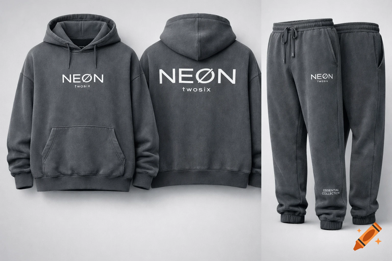 A grey hooded sweatshirt and matching jogger pants with "NEØN twosix" text on the chest, back, and thigh, and "ESSENTIAL COLLECTION" on the lower leg.