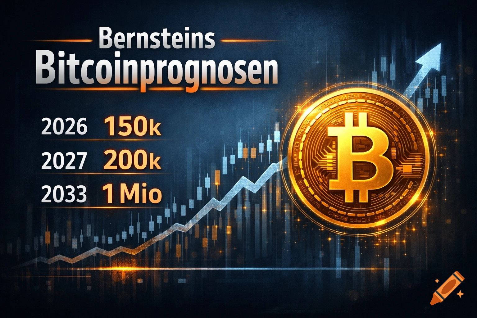 A graphic displaying 'Bernsteins Bitcoinprognosen' with a rising chart, a golden Bitcoin logo, and price predictions for 2026, 2027, and 2033.