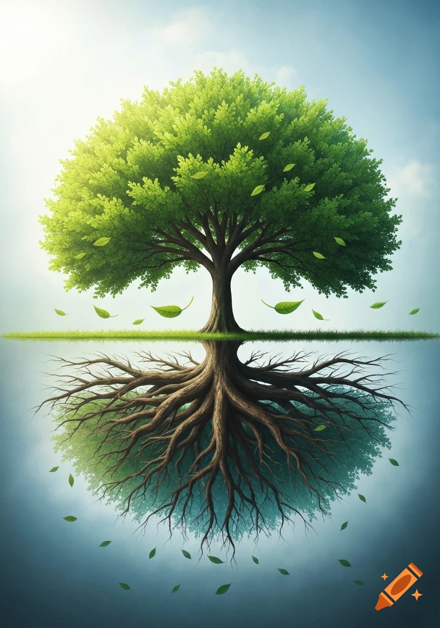 Vibrant green tree with a dense canopy and a detailed root system reflected below, set against a bright sky.