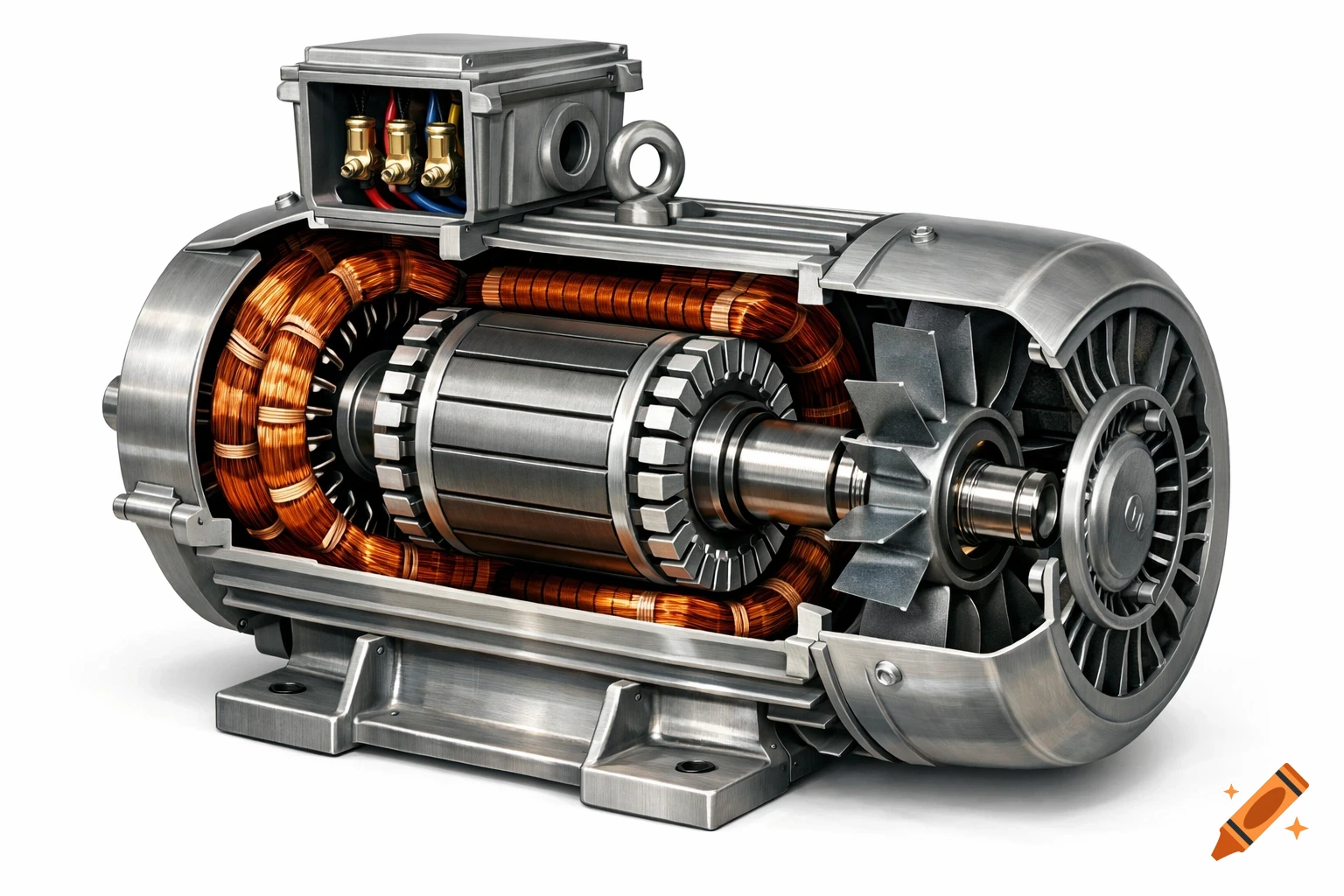 Detailed cutaway view of a realistic 3-phase squirrel cage induction motor with copper windings and cooling fan.
