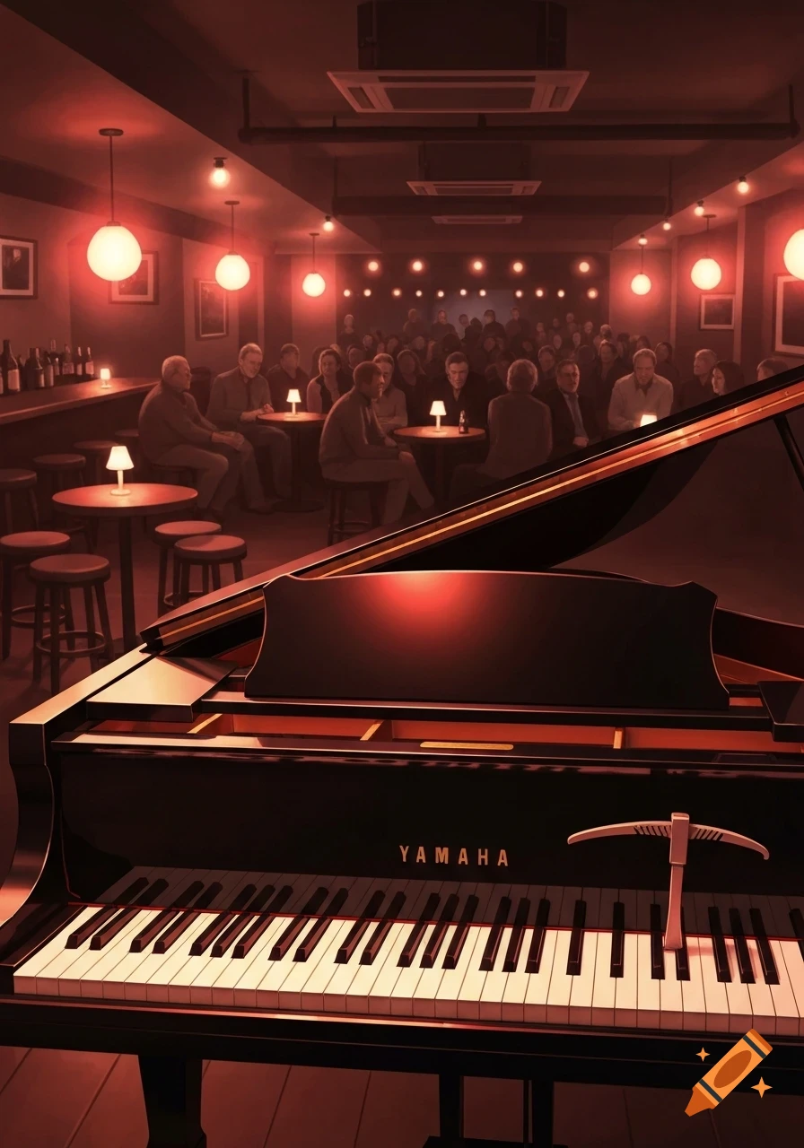 A grand piano dominates the foreground of a red-lit jazz club, with a blurred crowd and bar in the background.