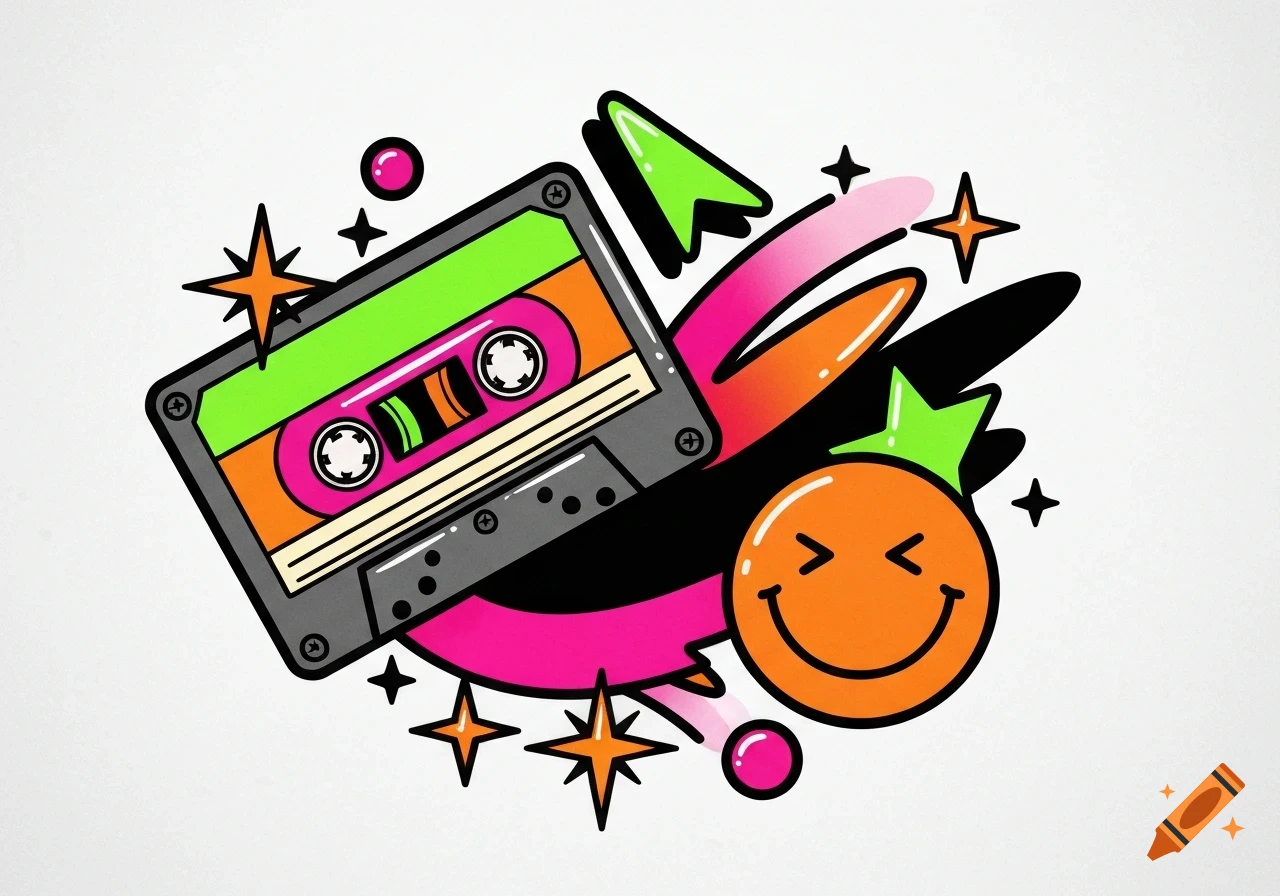Vibrant retro illustration of a cassette tape, a winking orange smiley face, and stars in a dynamic 90s pop art style.