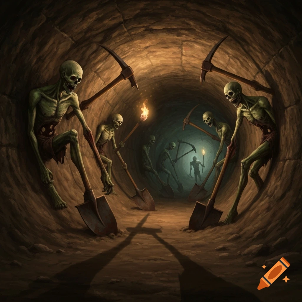 Green skeletal zombies dig in a dark, narrow stone tunnel with pickaxes and shovels, illuminated by a torch.
