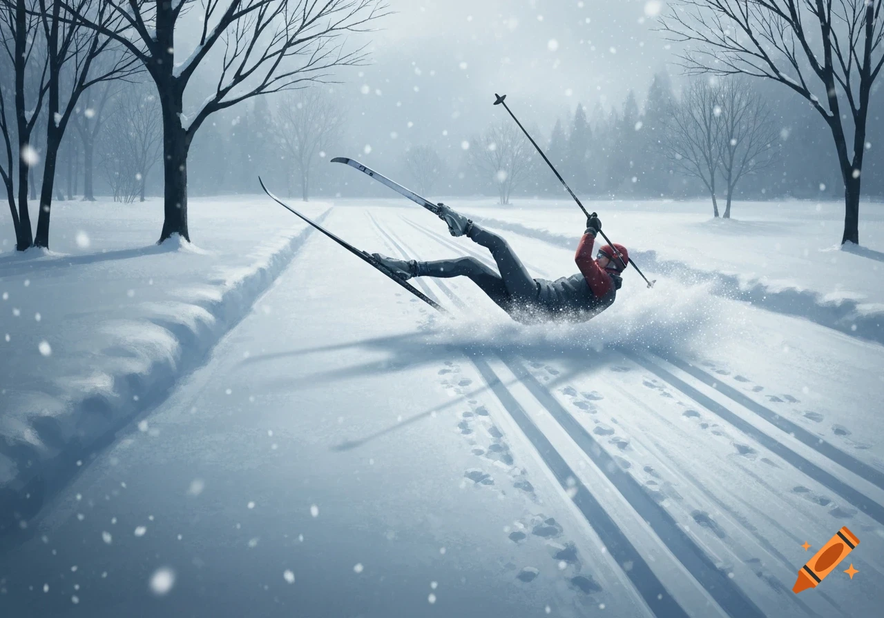 A person cross-country skiing falls on a snowy path lined with bare trees, as snow falls.