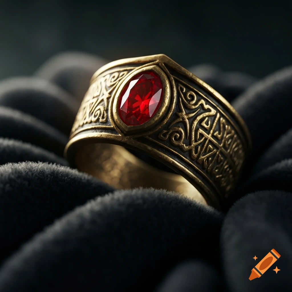 Close-up of a gold-colored ring with a prominent oval red gem, featuring intricate carvings, resting on dark, soft fabric.