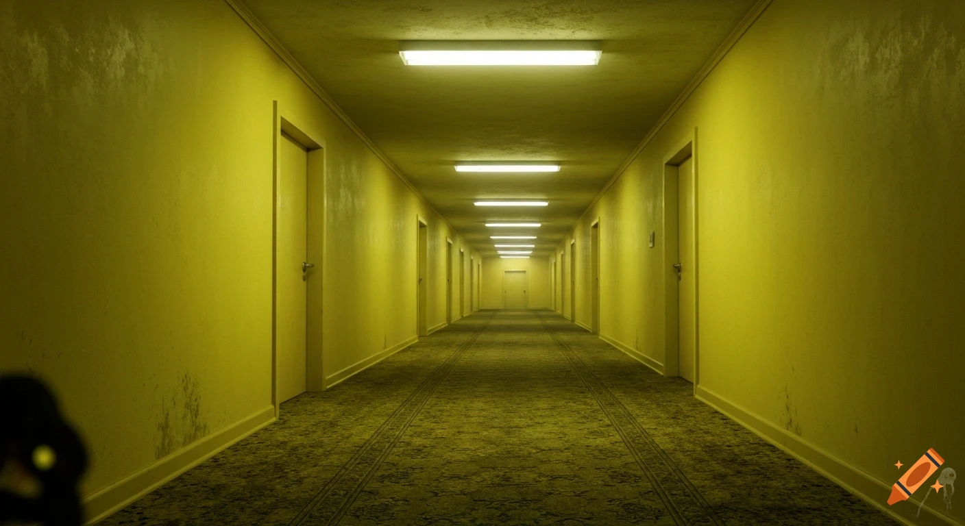 A long, empty yellow hallway with fluorescent lights and patterned carpet, with a blurred dark figure and a small white creature.