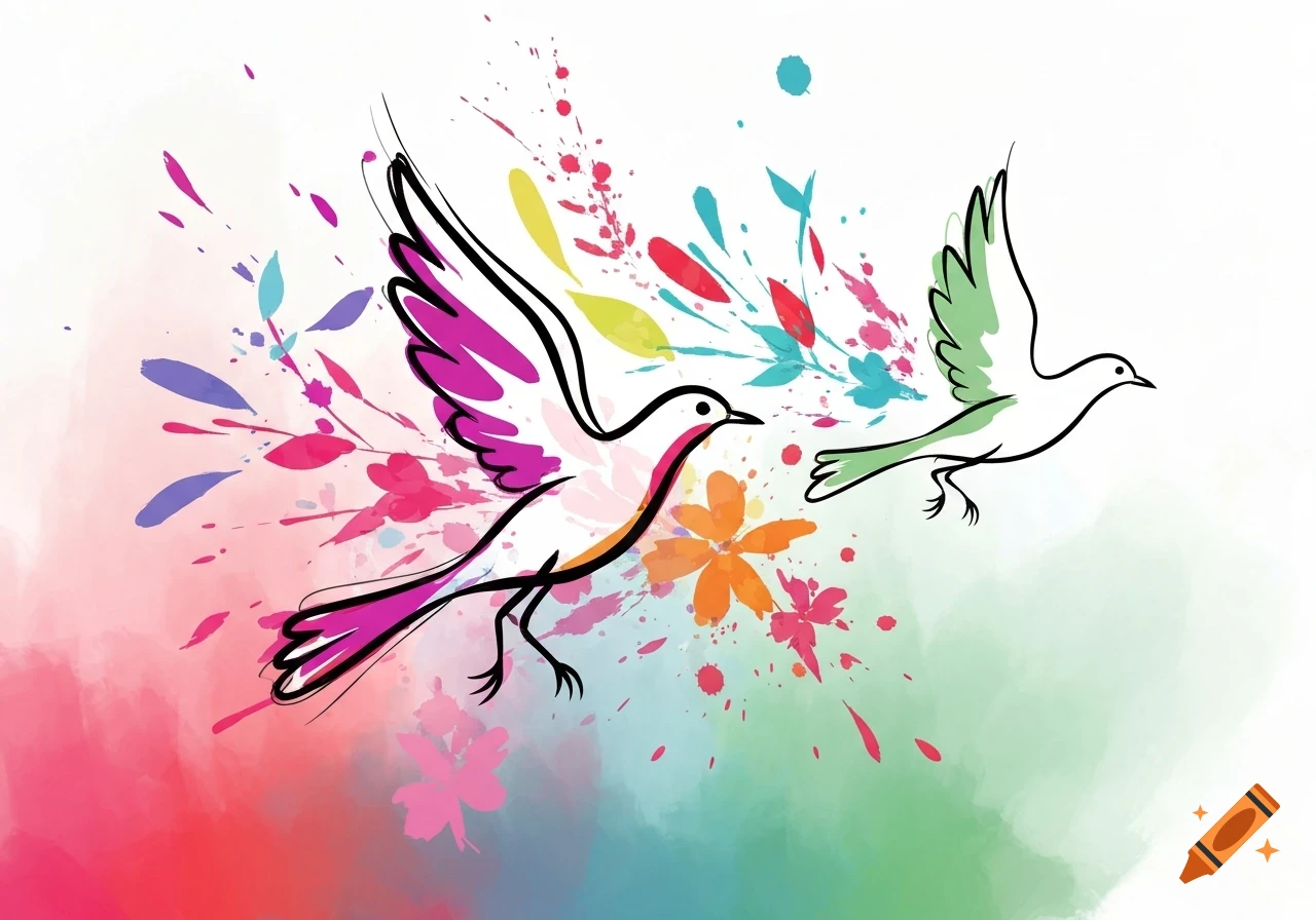 Abstract illustration of two flying birds with colorful paint splashes and floral elements on a white and gradient background.