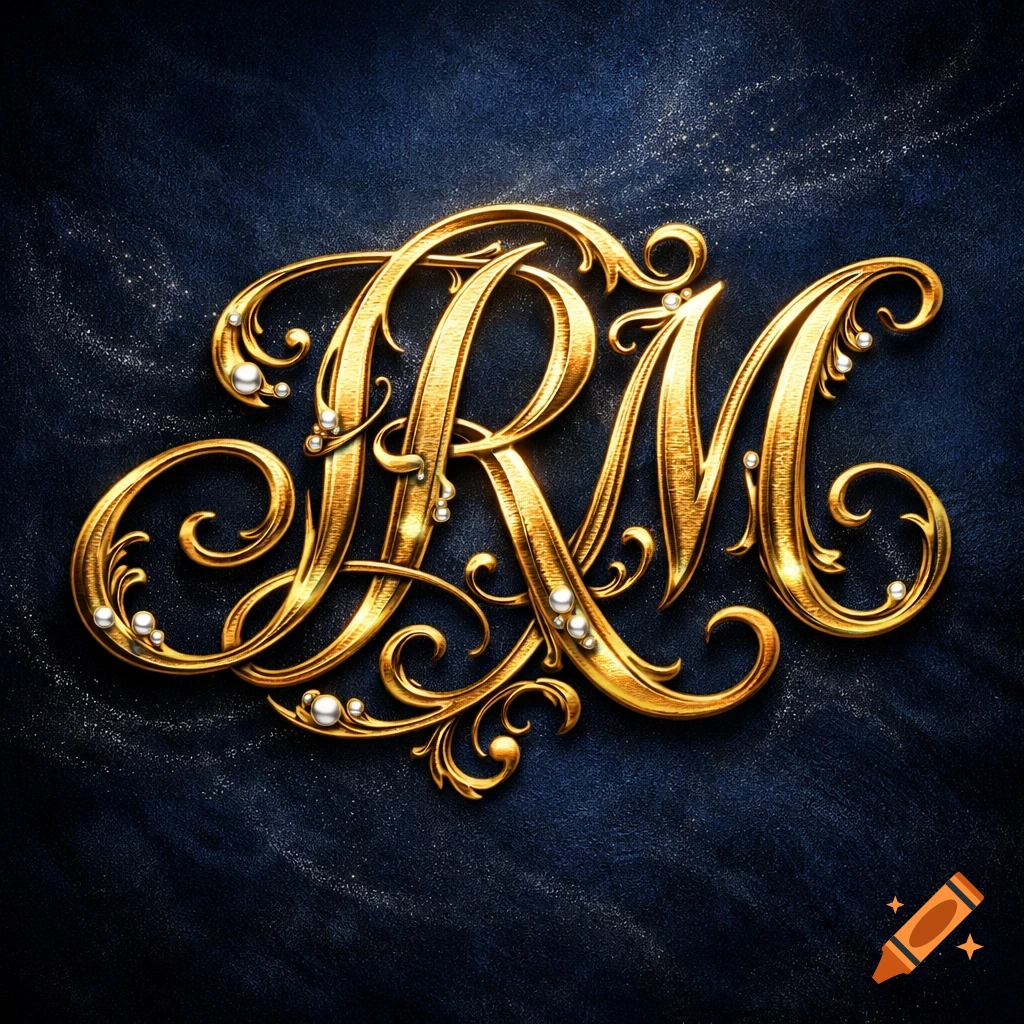 Ornate golden script letters 'JRM' adorned with pearls, set against a dark textured background.
