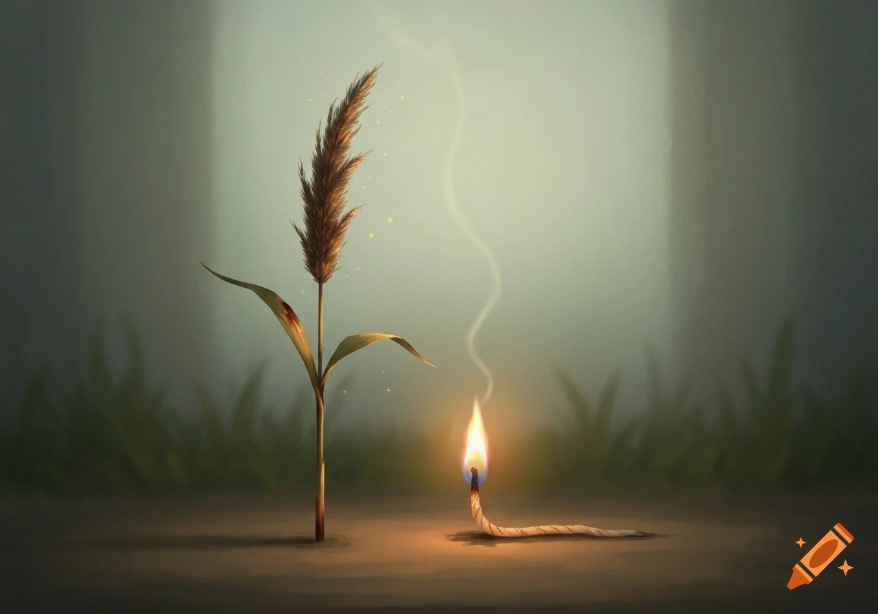 An illustrative image of a tall, brown-tipped plant standing next to a burning, smoldering wick on the ground.