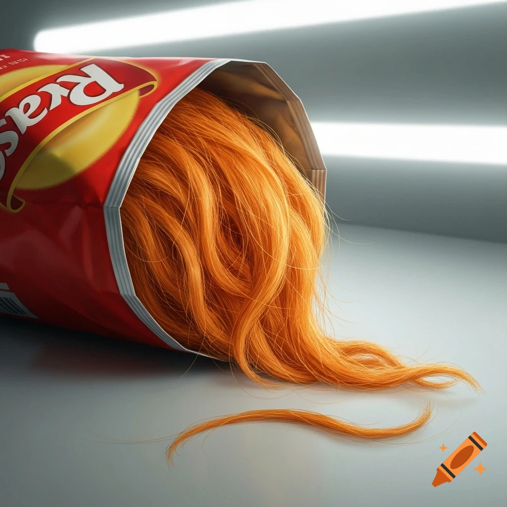 An open red crisp packet spilling out abundant ginger hair onto a gray surface, with 'Kras' visible on the packet.