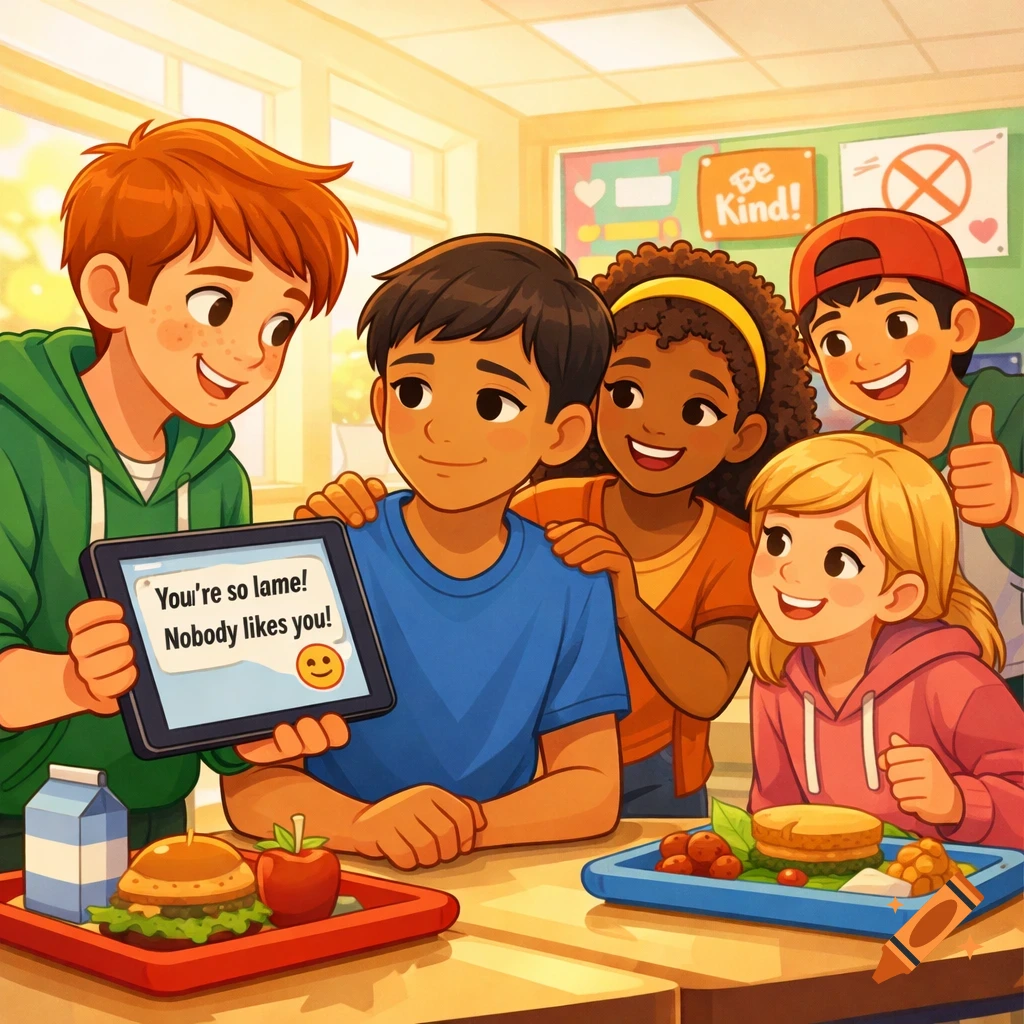 Cartoon illustration of five diverse students in a school cafeteria looking at a tablet displaying a mean online comment, with a 'Be Kind!' poster in the background.