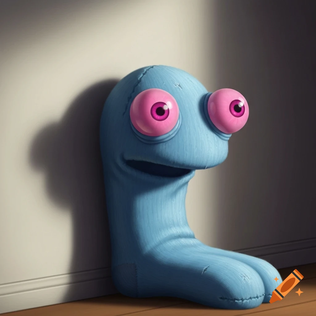 A blue sock puppet with big pink googly eyes leans against a light wall on a wooden floor.