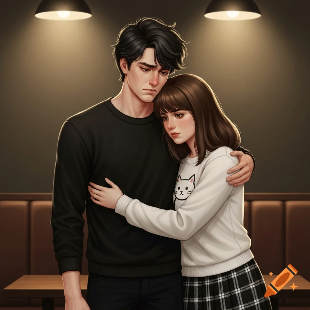 Anime illustration of a brown-haired woman embracing and comforting a sad, crying man with black hair, indoors under dim lights.