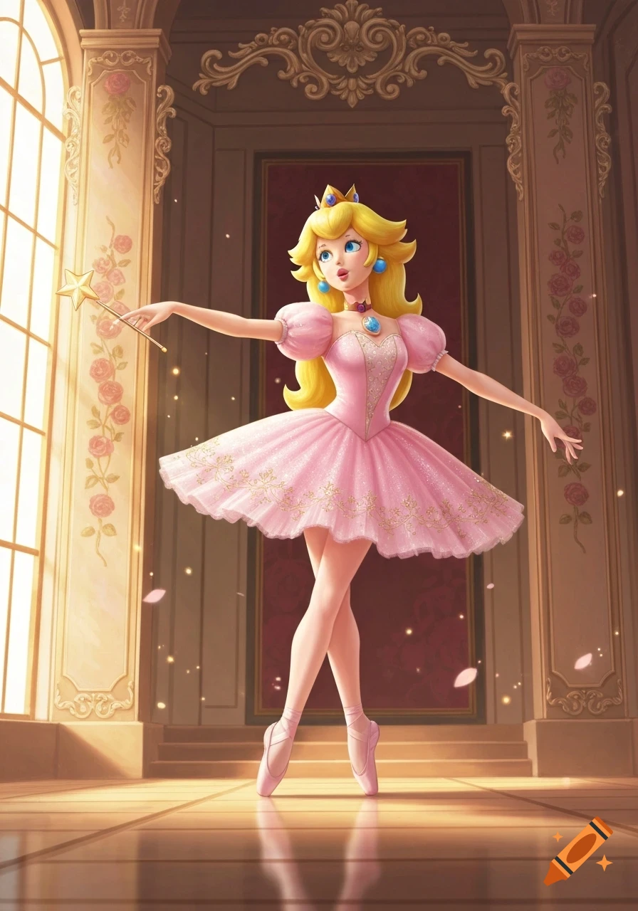 Princess Peach in a pink ballerina tutu and pointe shoes, holding a star wand, dancing gracefully in an ornate ballroom.