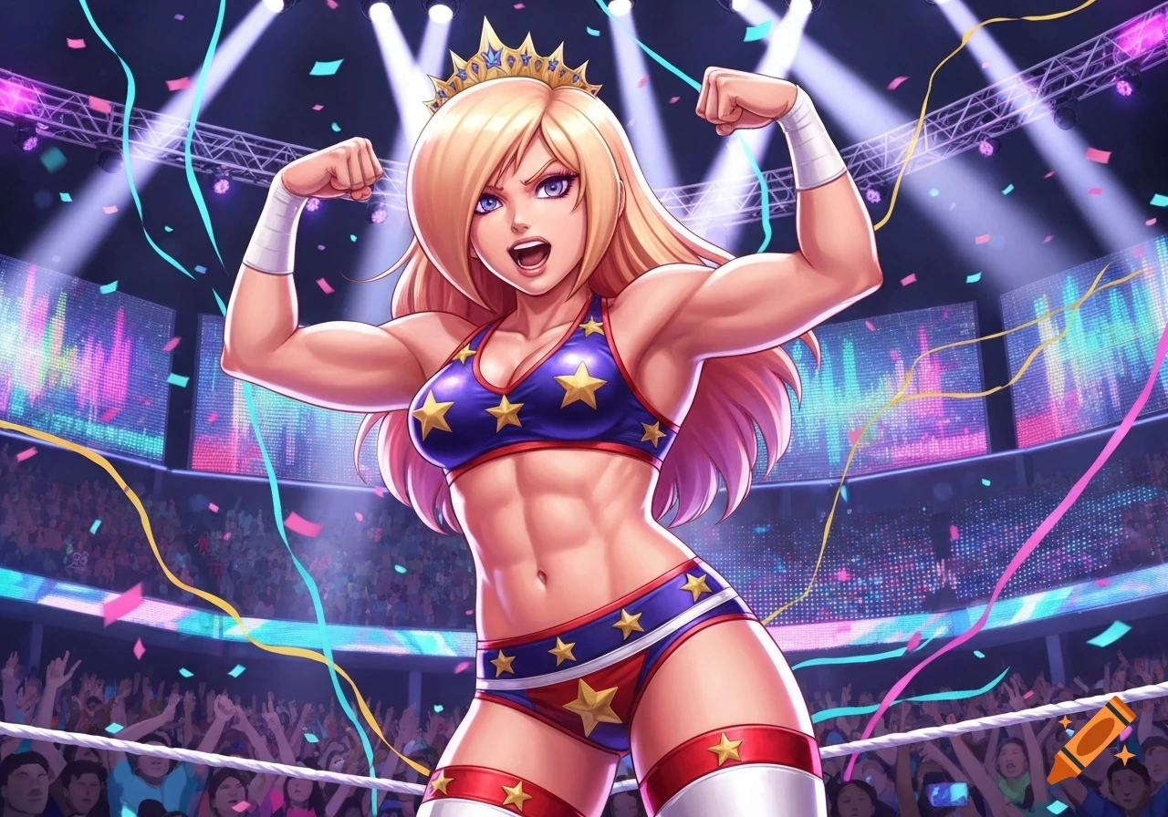 An anime-style Rosalina, with blonde hair and a crown, flexes her muscular arms in a wrestling outfit in a brightly lit arena.
