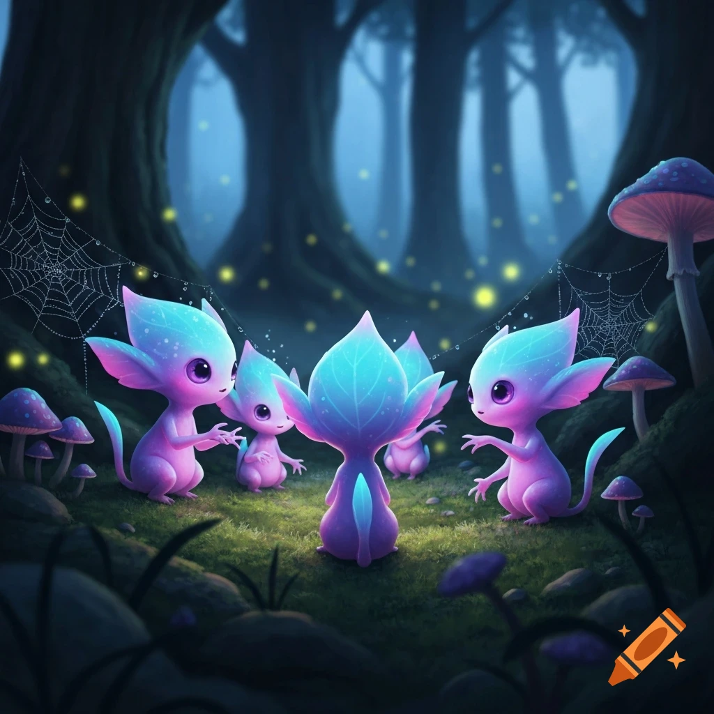 Glowing pink and blue alien-like creatures with large ears in a mystical dark forest with luminous mushrooms and fireflies, fantasy art.