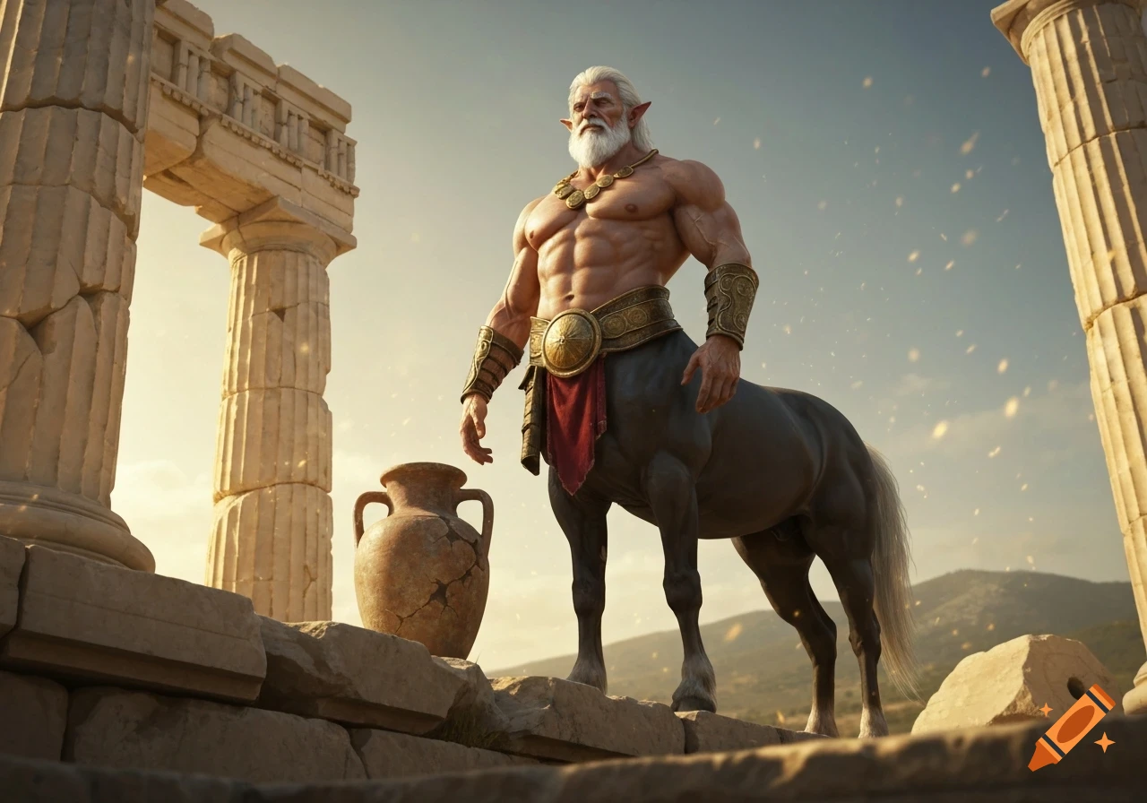 A muscular, white-haired centaur with elf ears stands on ancient ruins next to an amphora under a clear sky. Photorealistic.