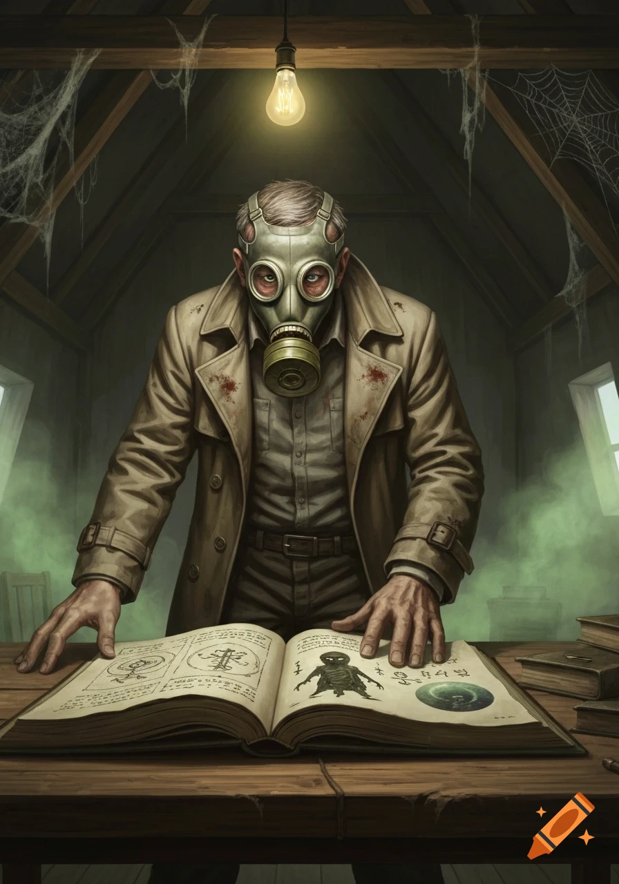 Man in gas mask and trench coat studies a mysterious tome with occult symbols and monstrous drawings in a dusty, dimly lit attic.