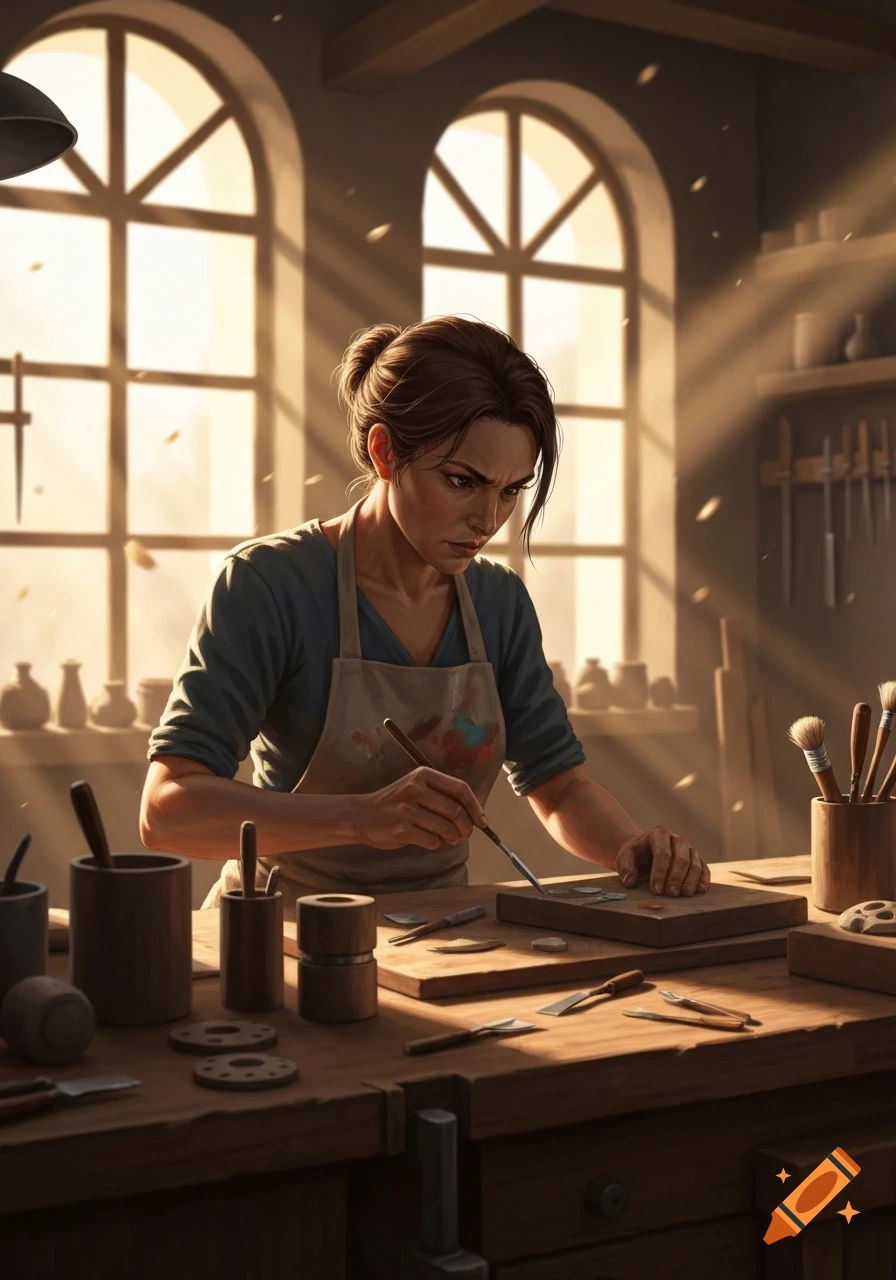 A determined woman in an apron works intently at a workbench in a sunlit workshop, surrounded by tools.