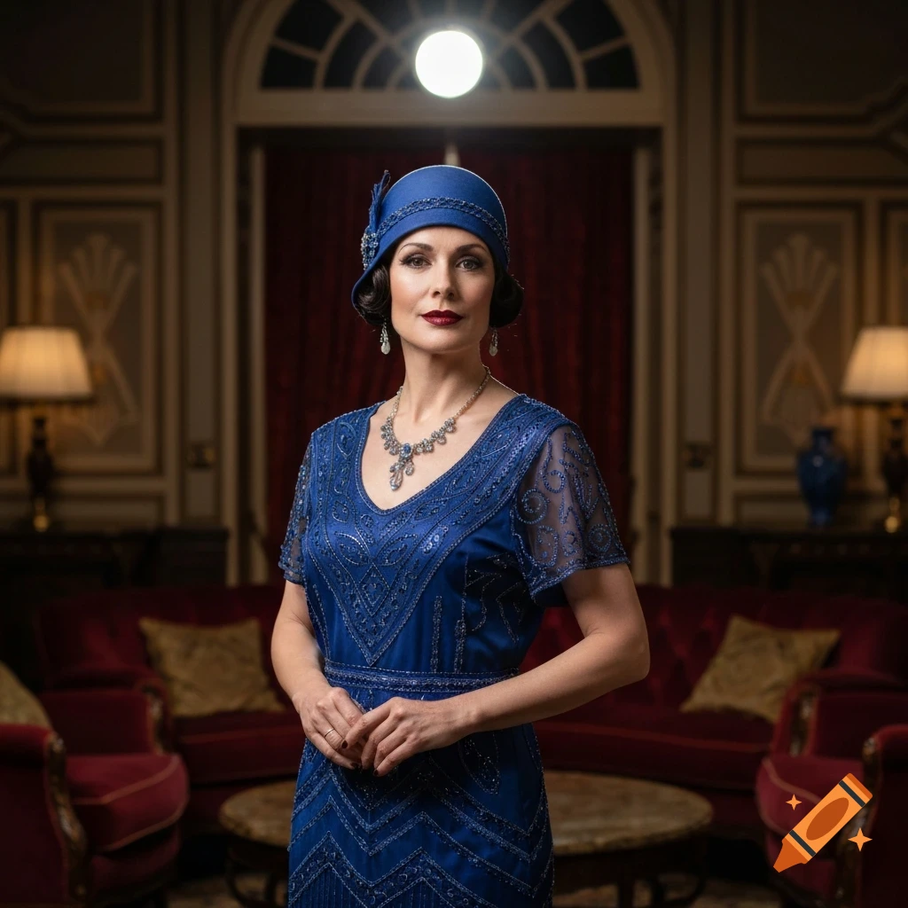 A woman in a blue 1920s flapper dress and cloche hat stands in an ornate, elegant room.