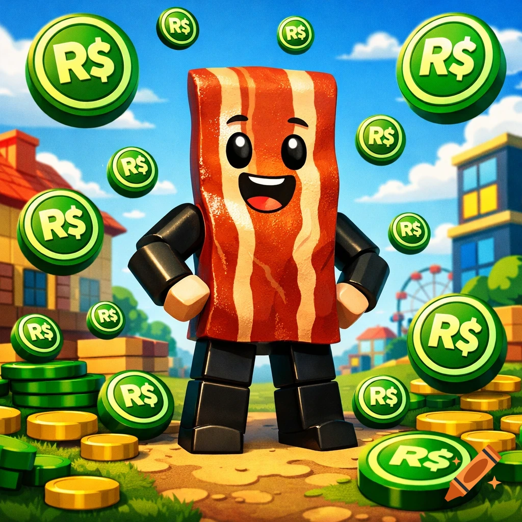 A happy, cartoon bacon character with blocky limbs stands in a Roblox-like town, surrounded by many green Robux coins.