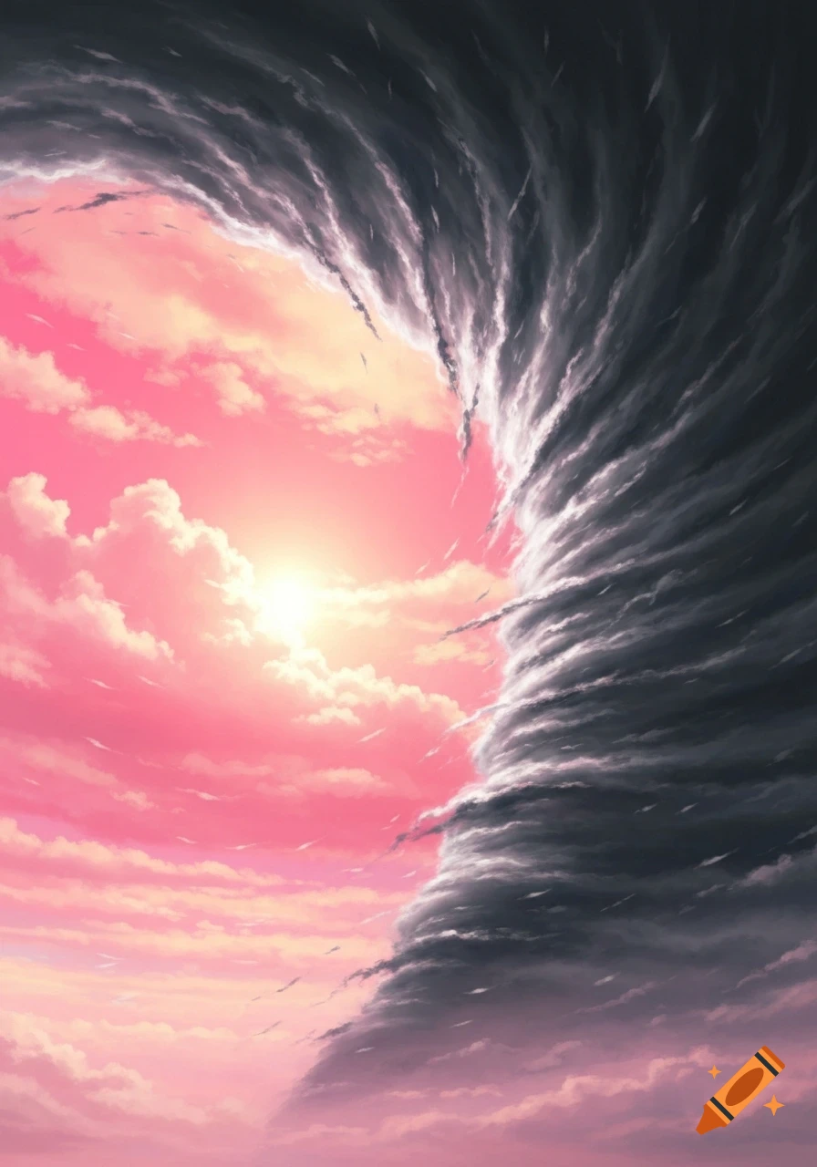 A dramatic sky divided into a bright pink, sunny side with fluffy clouds and a dark, swirling black tornado on the other.