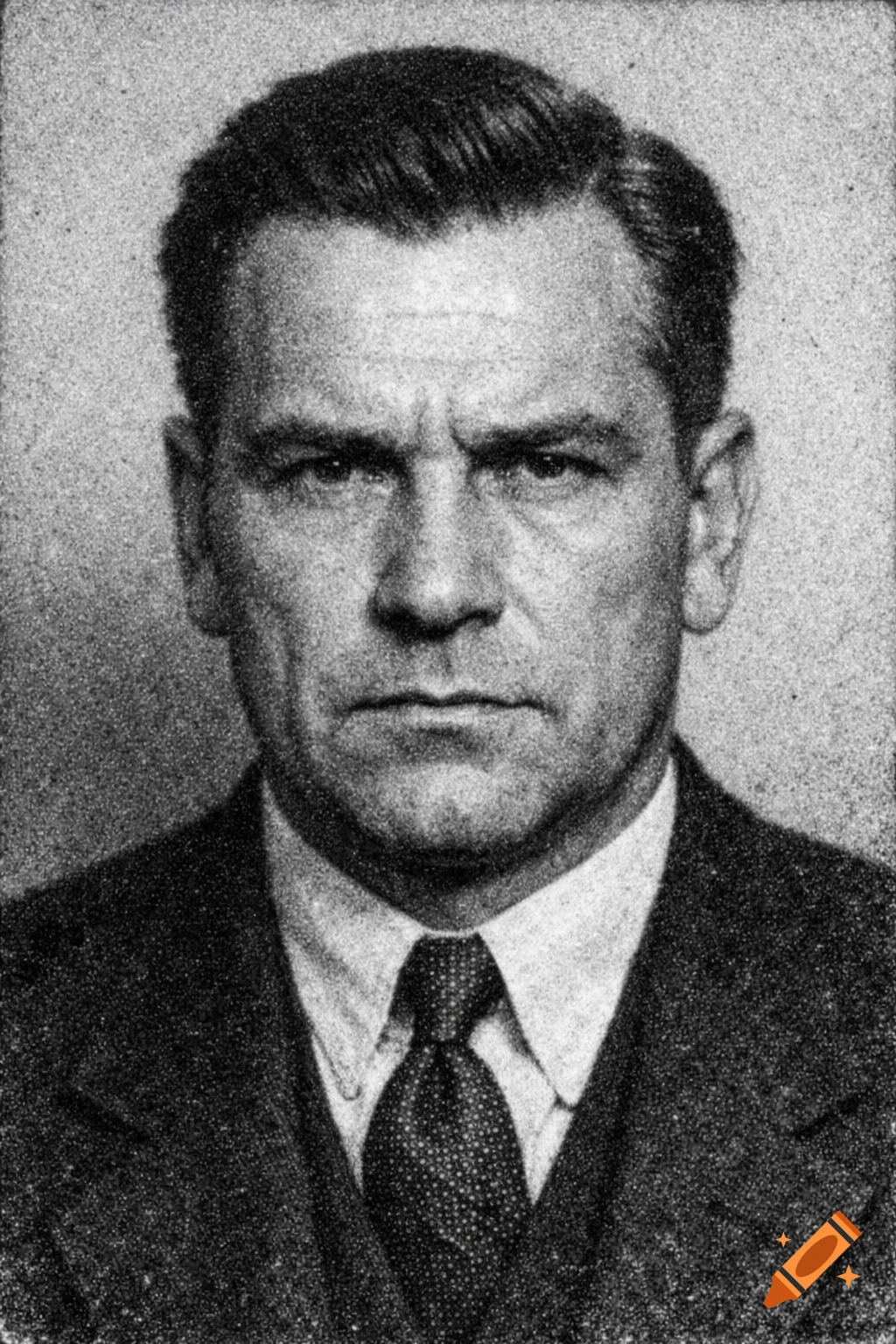 A grainy, black and white photo ID of a stern-faced man in a suit and tie, looking directly forward.