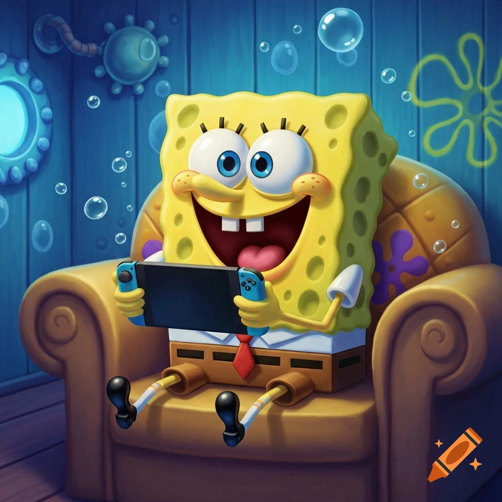 Spongebob Squarepants sitting in a brown armchair, happily playing a blue and black Nintendo Switch in a vibrant cartoon style underwater room.