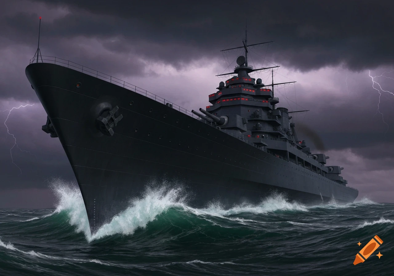 A dark grey warship with red lights on its superstructure powers through stormy waves under a menacing, lightning-streaked sky.