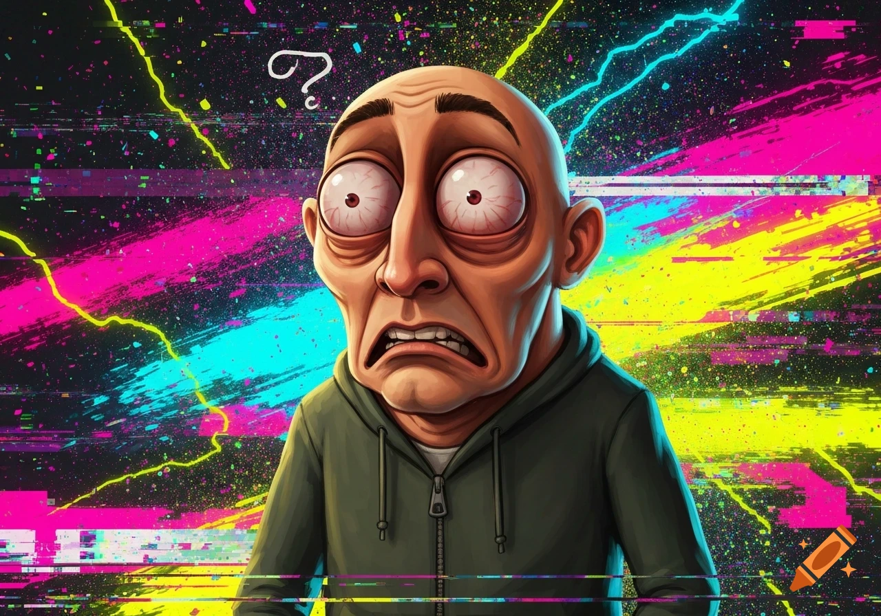 A bald man with wide, bloodshot eyes and a distressed expression wears a green hoodie against a vibrant, glitchy background with a question mark.