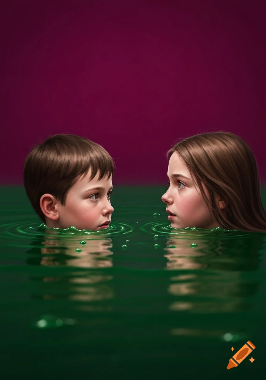 A boy and a girl, with brown hair, submerge in green liquid up to their necks, staring at each other against a dark pink background, digital art.