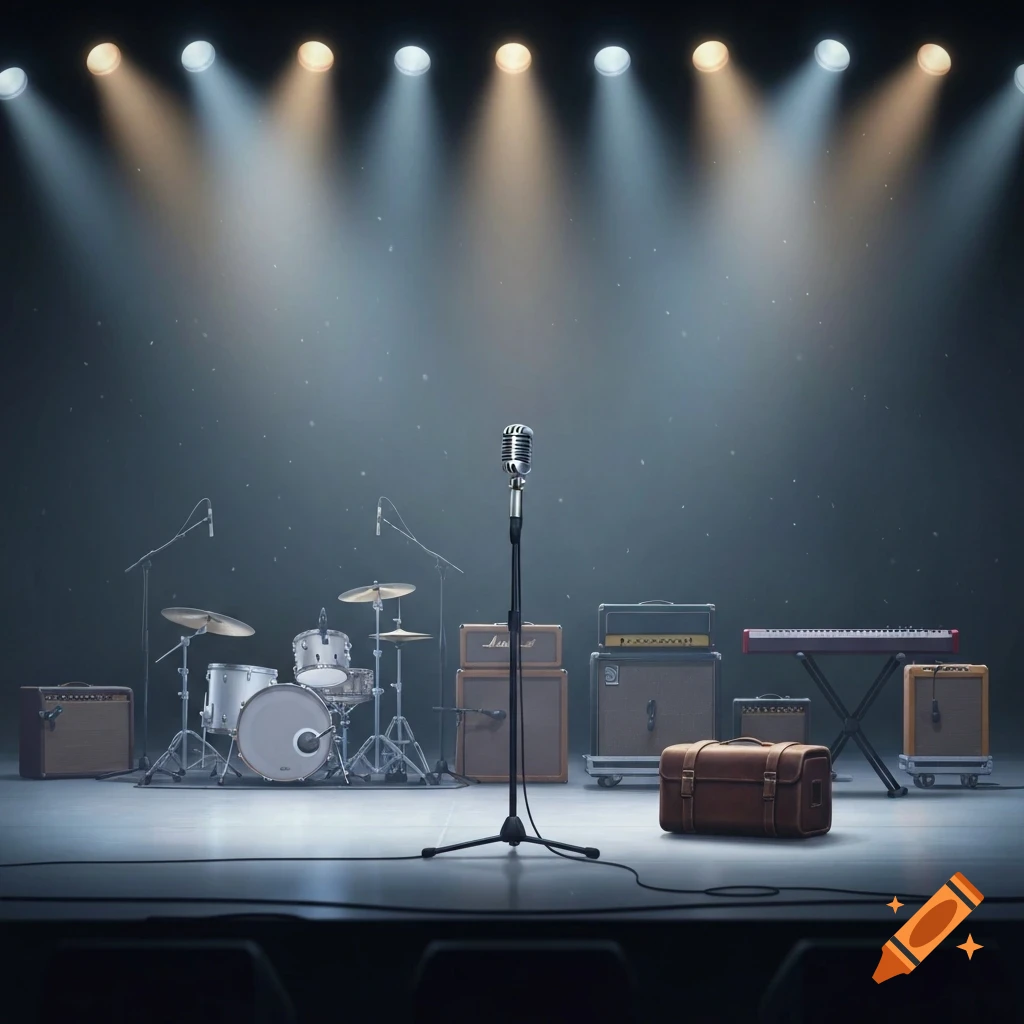 An empty stage set with a microphone at the center, a drum kit, amplifiers, and a keyboard, illuminated by spotlights.