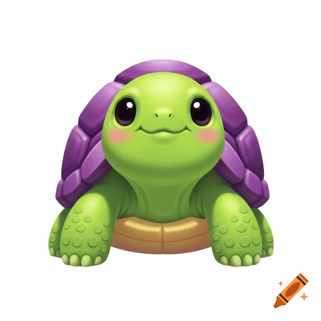 A cute green kawaii-style tortoise with a purple shell and rosy cheeks on a white background.
