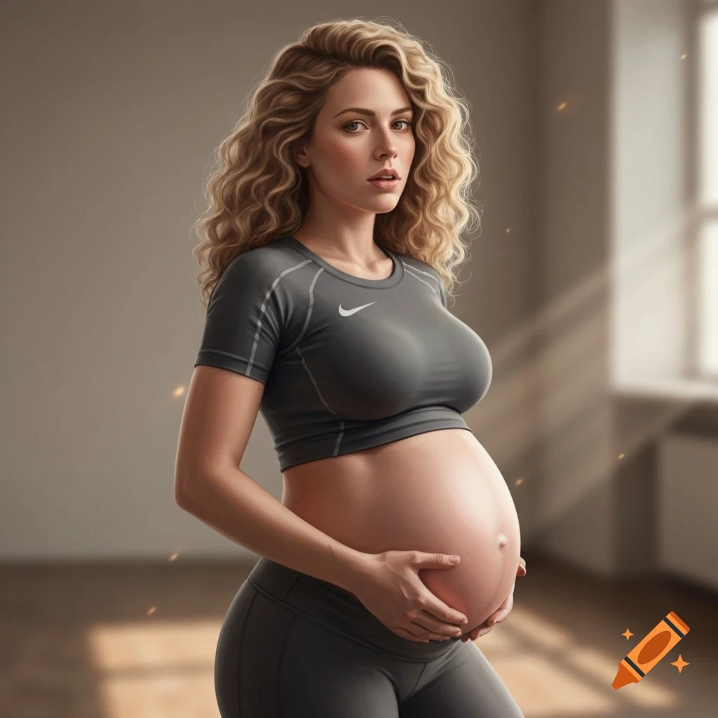 A photorealistic image of a pregnant woman with long curly blonde hair, wearing a gray Nike athletic top and leggings, cradling her bare belly.