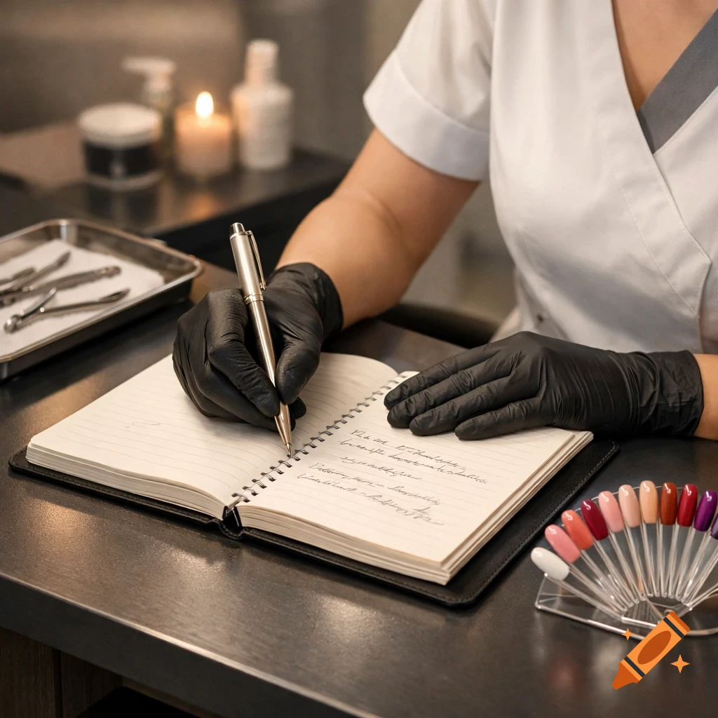 A pedicurist wearing black gloves writes in a spiral notebook at a table with nail polish samples and tools.
