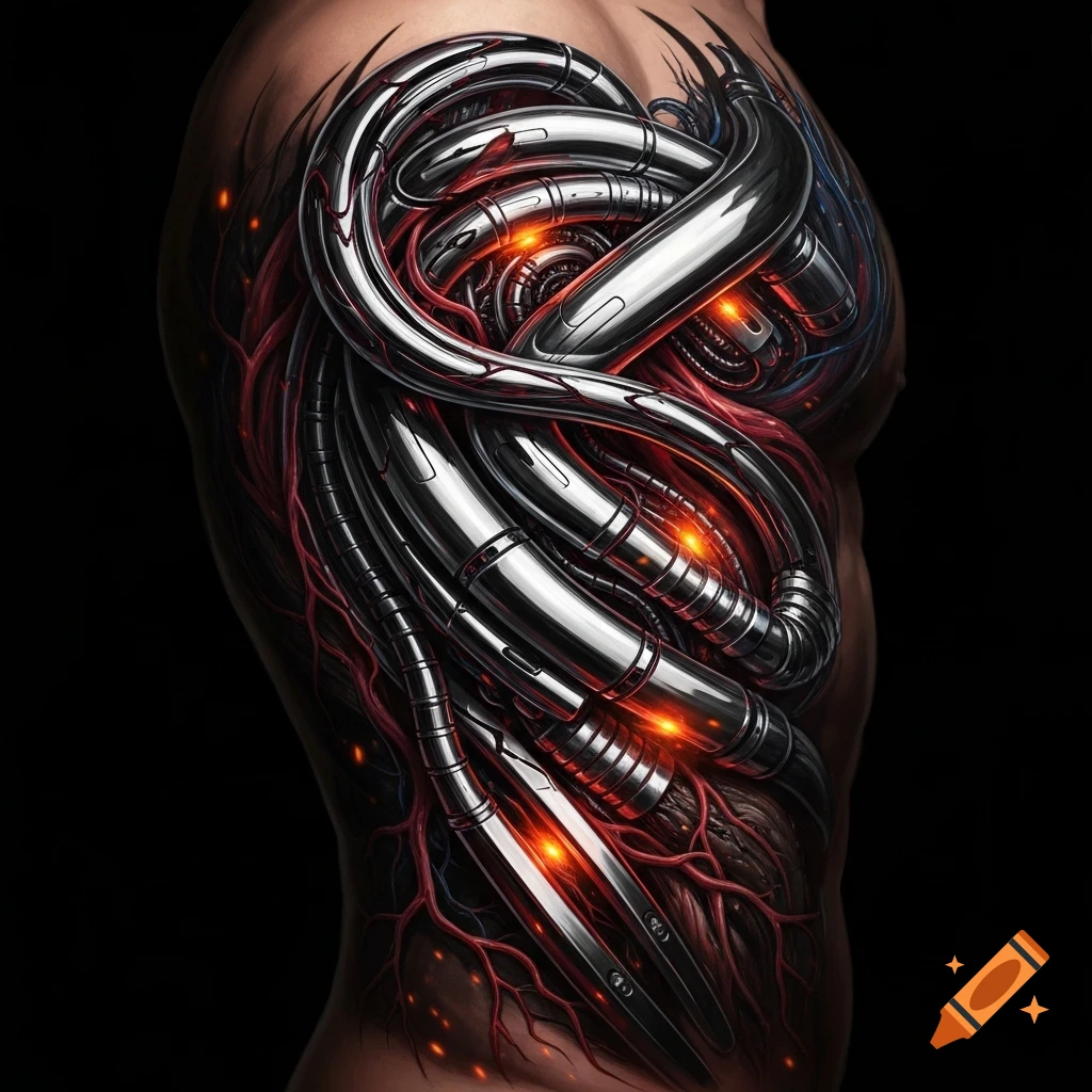 Detailed biomechanical tattoo on a torso, showing metallic pipes, glowing orange lights, and red vein-like structures on a dark background.
