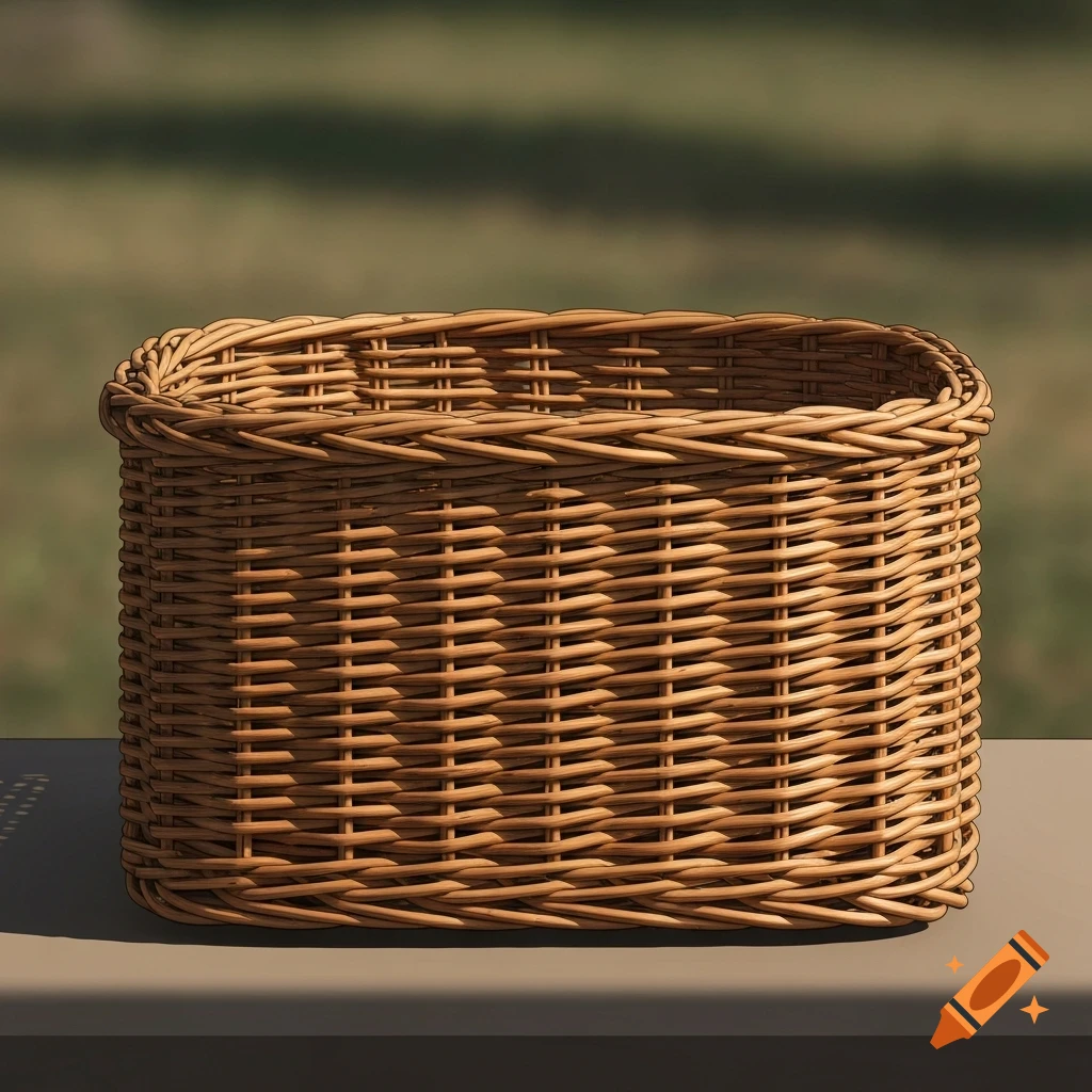 A side view of a light brown rectangular wicker basket on a gray surface with a blurred green background.