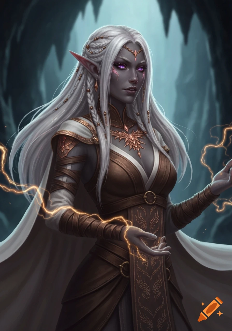 A fantasy portrait of a dark elf sorceress with white hair and glowing violet eyes, casting golden lightning spells in a cave.