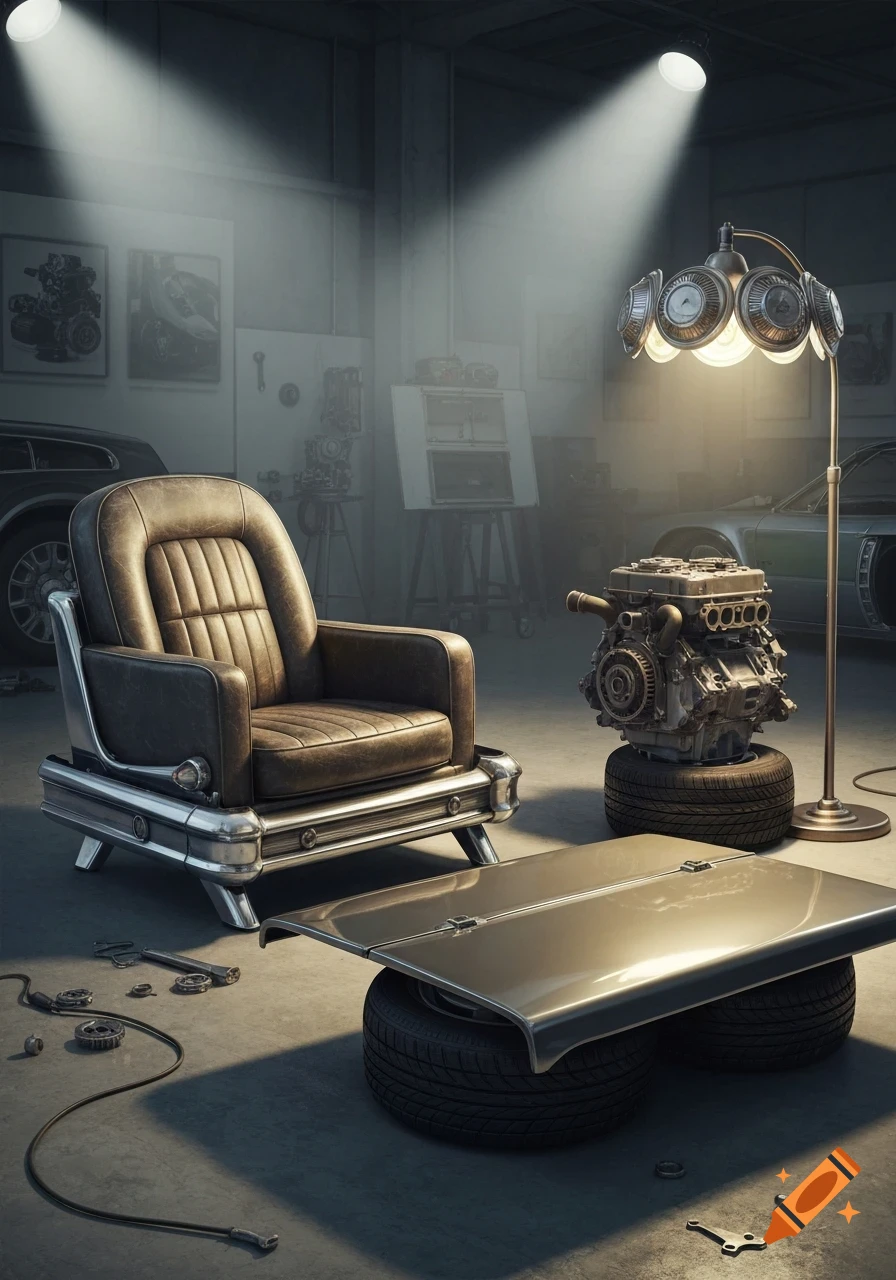 A rustic leather armchair, a lamp made from hubcaps, an engine on tires, and a table from a car hood, all in a dimly lit garage.