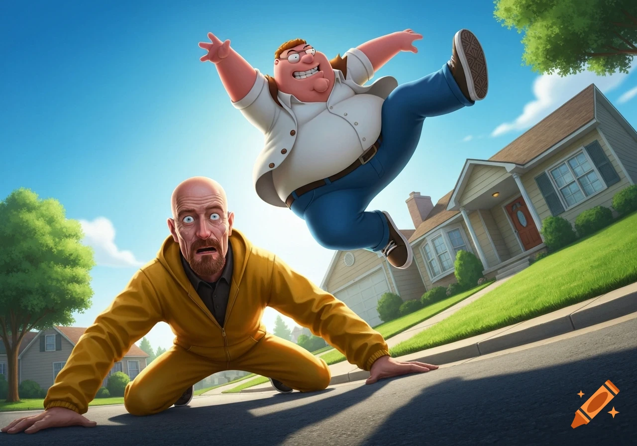 A surprised Walter White kneels on a street as a grinning Peter Griffin leaps cartoonishly over him in a vibrant suburban setting.